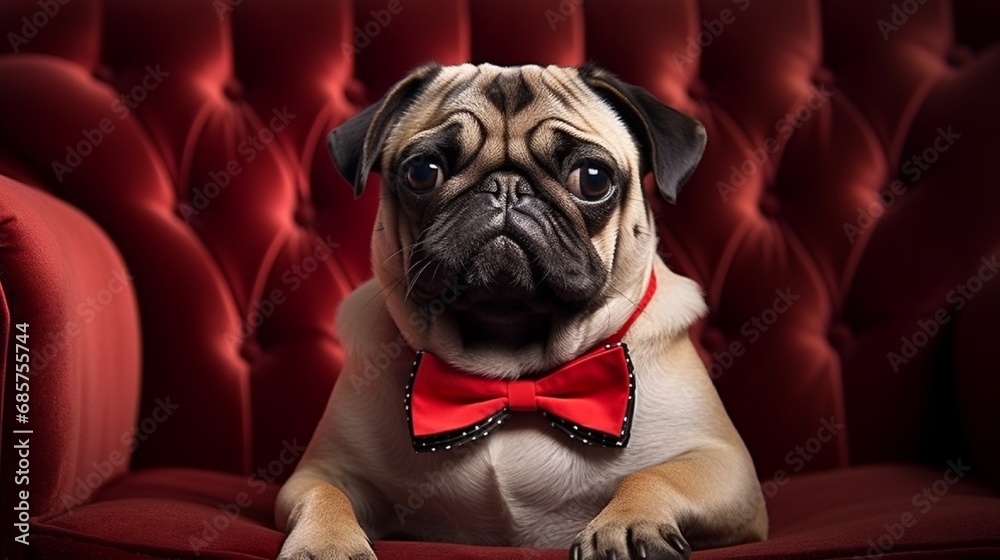 A contented pug wearing a bowtie, sitting patiently with a charming expression on its wrinkled face.