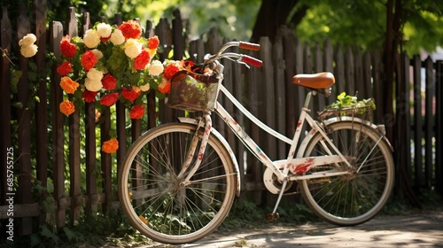 A bicycle parked against a fence, surrounded by blooming flowers, capturing the simplicity and charm of a sunny day.