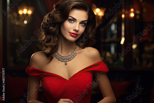 beautiful brunette woman in red dress in jewelry