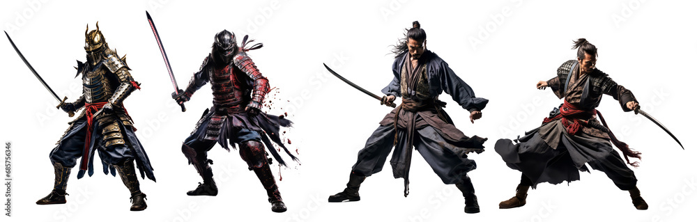 collection of samurai, asian warrior in combat action isolated on transparent background