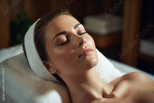 A young woman enjoying a massage in a spa salon embodies the idea of taking care of herself and enjoying the relaxation process.