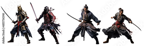 collection of samurai, asian warrior in combat action isolated on transparent background