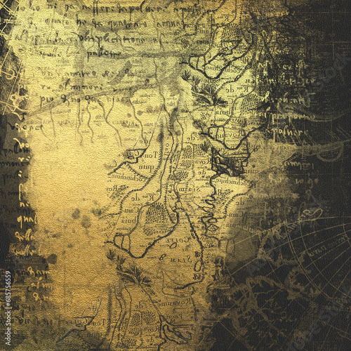Black and gold vintage map. Creative scrapbook paper design. Decorative backdrop with leather texture