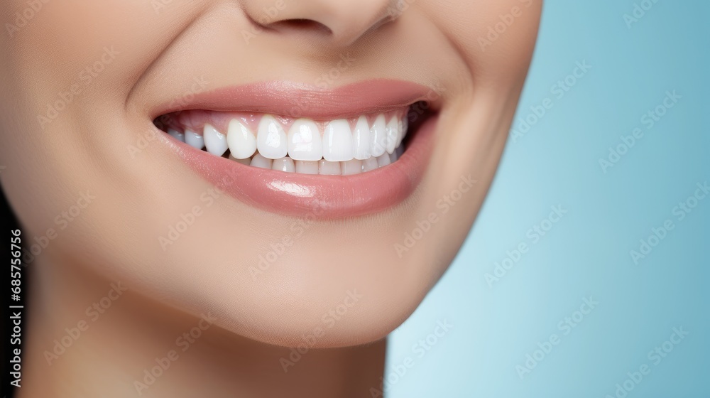 Obraz premium Beautiful woman's smile with healthy white, straight teeth close-up on light-blue background with space for text