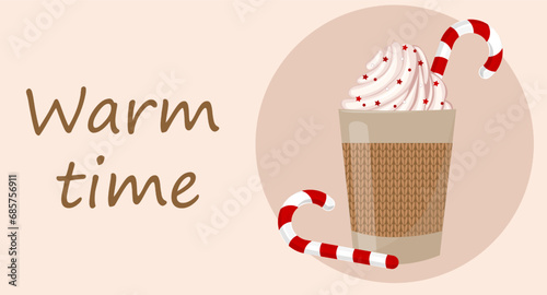 Cartoon coffee with whipped cream and lollipop. Christmas drink, hot chocolate or coffeein paper cup.Clip art for Christmas card, cafe or dessert shops, menu designs, element etc photo