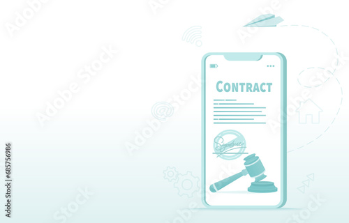 Online contract and signature concept. Electronic legal binding document agreement on digital mobile phone. Reading terms and conditions policy. Flat vector design illustration with copy space.