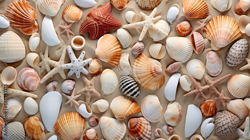 Artfully arranged seashells on a sandy beach