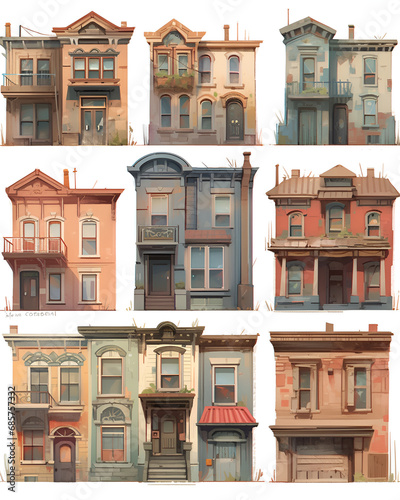 Set of buildings illustration in simple minimal cartoon style. City landscape elements, city constructor on white background, for websites, banners, covers, games