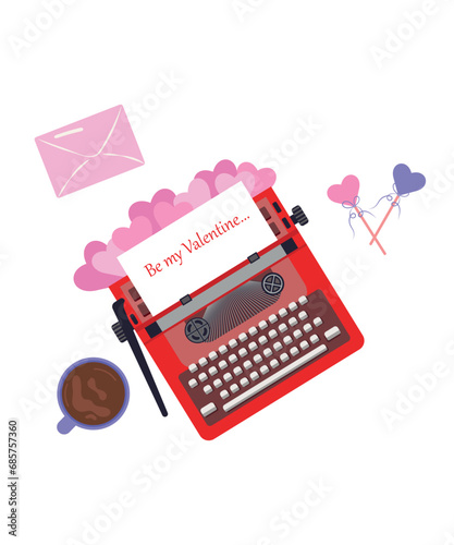 Valentine's Day card with a typewriter and a piece of paper with the inscription Be my Valentine. Love concept. Manual typewriter in modern flat style.