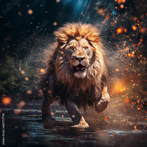 magnificent lion running across the river photo