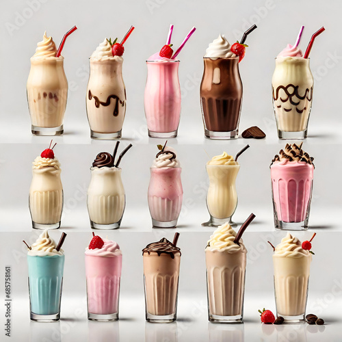Set of various milkshakes isolated on solid white background. 