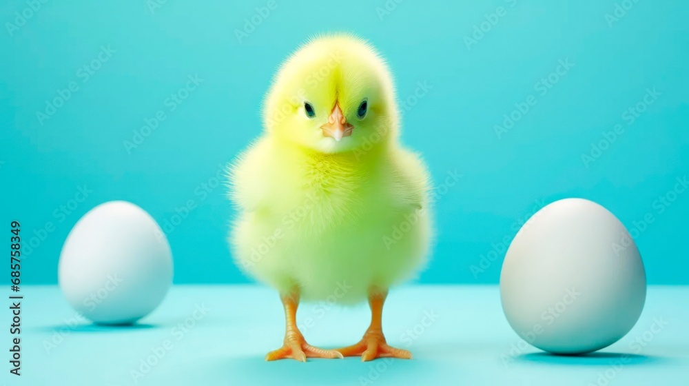 Easter-Themed Postcard Featuring a Small Yellow Chicken with easter eggs , isolated on blue background, easter banner card or wallpaper, copy space for text Easter-Themed Postcard Featuring a Small Yellow Chicken with easter eggs , isolated on blue background, easter banner card or wallpaper, copy space for text