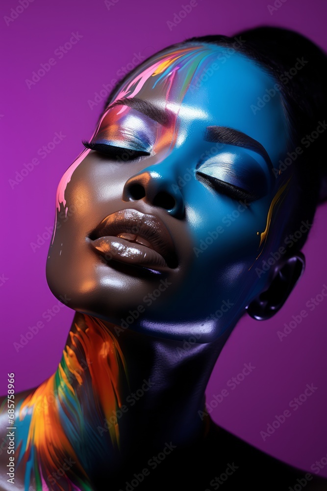 Multicoloured Bioluminescent Paint and Makeup Adorns a Beautiful Black Woman's Face. Colourful Paint and Makeup Transforms an African American Woman's Face into Stunning Work of Art.