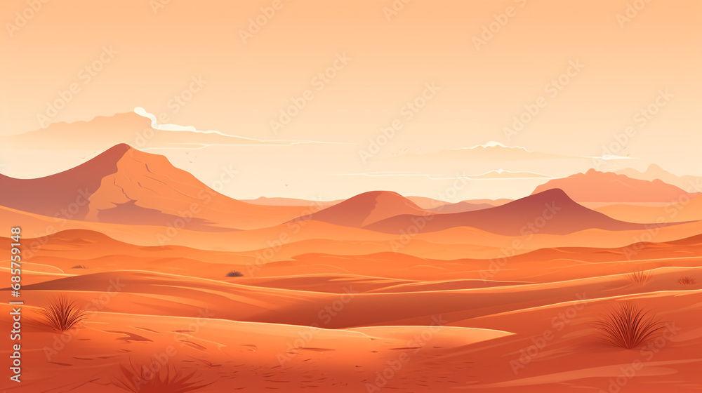 2D flat vector of sahara desert during afternoon. The scorching sunlight makes the desert atmosphere very hot.
