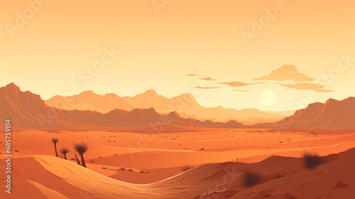 2D flat vector of sahara desert during afternoon. The scorching sunlight makes the desert atmosphere very hot. 
