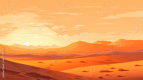 2D flat vector of sahara desert during afternoon. The scorching sunlight makes the desert atmosphere very hot. 