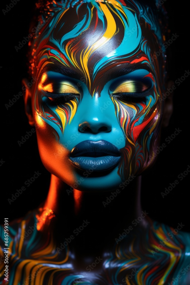Multicoloured Bioluminescent Paint and Makeup Adorns a Beautiful Black Woman's Face. Colourful Paint and Makeup Transforms an African American Woman's Face into Stunning Work of Art. Multicoloured Bioluminescent Paint and Makeup Adorns a Beautiful Black Woman's Face. Colourful Paint and Makeup Transforms an African American Woman's Face into Stunning Work of Art.