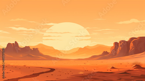 2D flat vector of sahara desert during afternoon. The scorching sunlight makes the desert atmosphere very hot. 