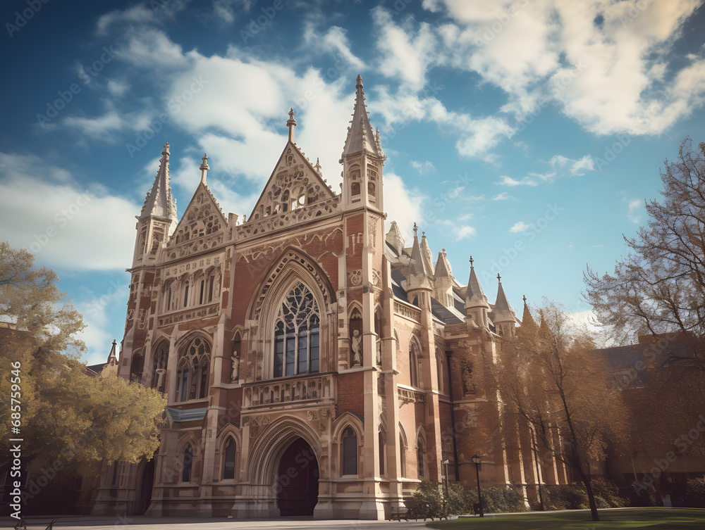 Intricate gothic architecture of a historic university building with spires and arches.