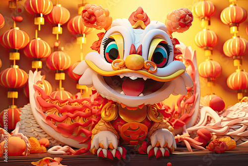 cute 3d cartoon Chinese dragon with lanterns and fans, new year background
