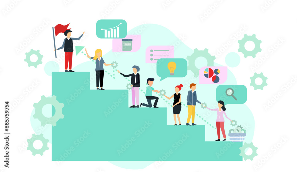 FLAT VECTOR ILUSTRATION OF TEAM WORK, BUSINESS PEOPLE WORKING, BUSINESS TEAM AND WORKING IN MARKETING AND FINANCE