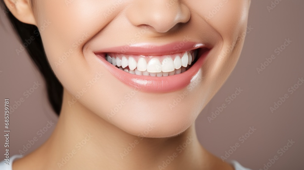 Fototapeta premium Beautiful woman's smile with healthy white, straight teeth close-up on light background with space for text