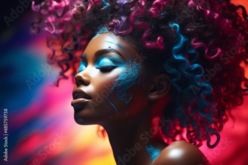 Multicoloured Bioluminescent Paint and Makeup Adorns a Beautiful Black Woman s Face. Colourful Paint and Makeup Transforms an African American Woman s Face into Stunning Work of Art.