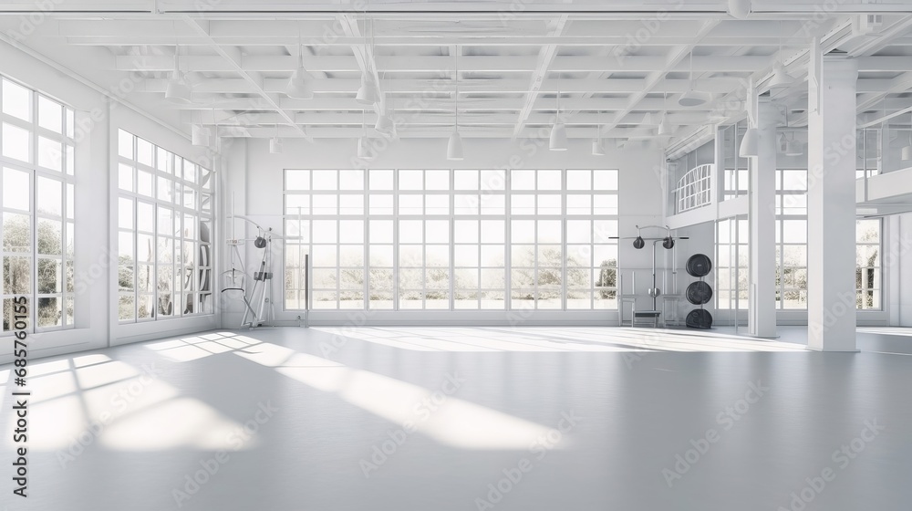 Interior of modern gym with white walls, concrete floor, row of gray ...