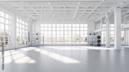 Interior of modern gym with white walls  concrete floor  row of gray barbells and big windows. 3d rendering