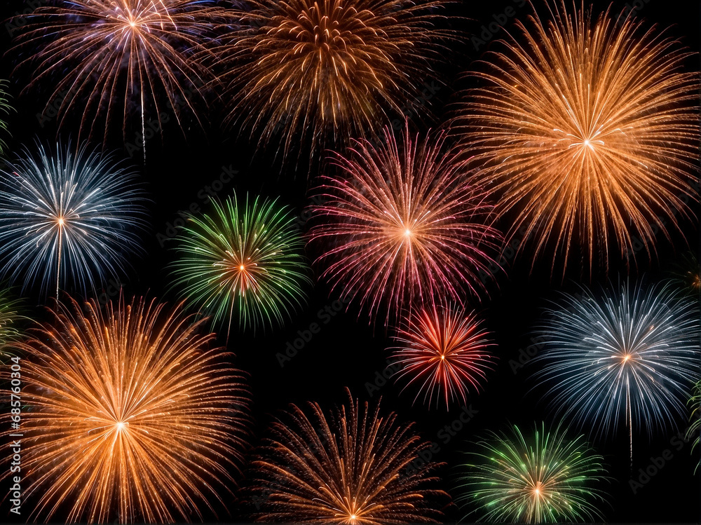 Multiple colorful fireworks on black isolated background, AI Generative