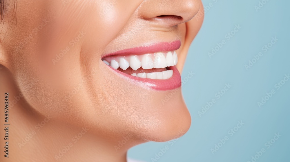 Fototapeta premium Beautiful elder woman's smile with healthy white, straight teeth close-up on light background with space for text