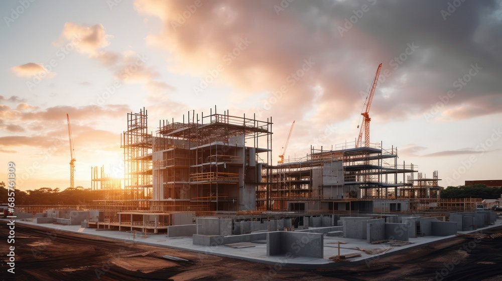 Construction background: A Construction site of large residential commercial building, some already built, large metal structure with bright sky background.