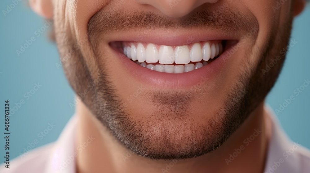 Fototapeta premium Beautiful man's smile with healthy white, straight teeth close-up on one tone background with space for text