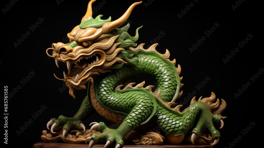 Obraz premium A Powerful green carved wooden dragon terrifying Chinese wood carving art Chinese New Year 2024 concept New Year greeting card background.