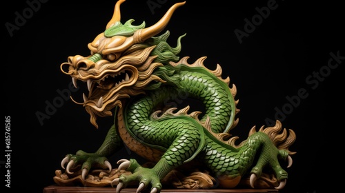 A Powerful green carved wooden dragon terrifying Chinese wood carving art Chinese New Year 2024 concept New Year greeting card background.