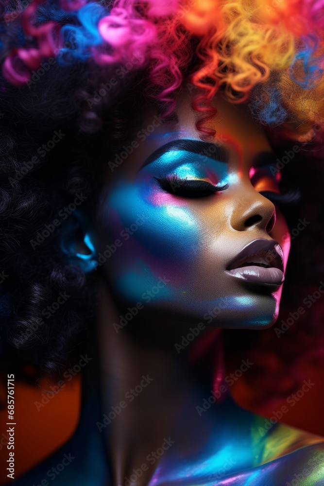 Multicoloured Bioluminescent Paint and Makeup Adorns a Beautiful Black Woman's Face. Colourful Paint and Makeup Transforms an African American Woman's Face into Stunning Work of Art.