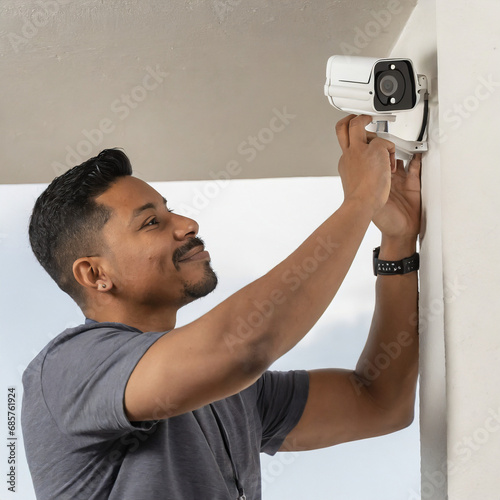 Man setting up security cameras