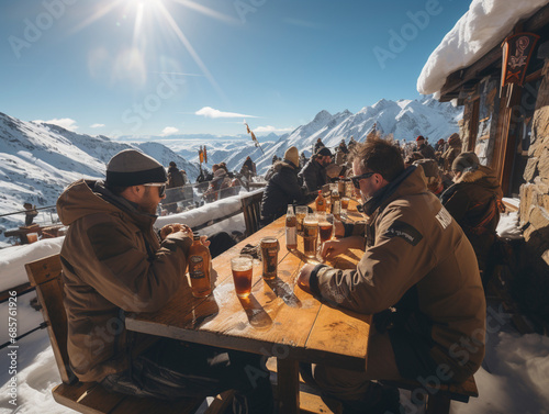 Skiers sit on the terrace of a mountain hut in the snow after a ski tour, Ai generated