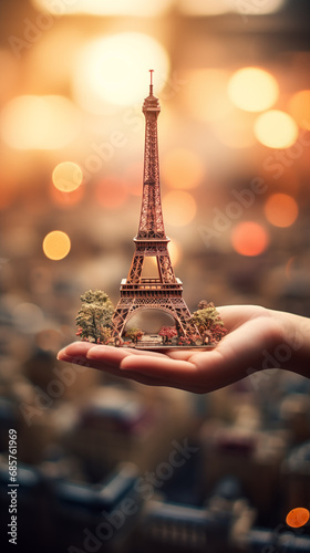 the eiffel tower miniature in a hand with paris in background