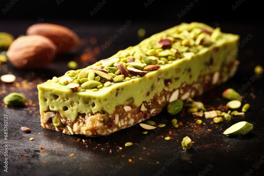 Pistachio energy bar on dark surface, detailed texture. Healthy food and snacks. Pistachio energy bar on dark surface, detailed texture. Healthy food and snacks.