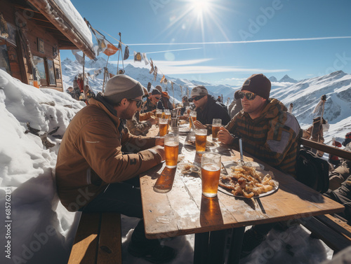 Skiers sit on the terrace of a mountain hut in the snow after a ski tour, Ai generated