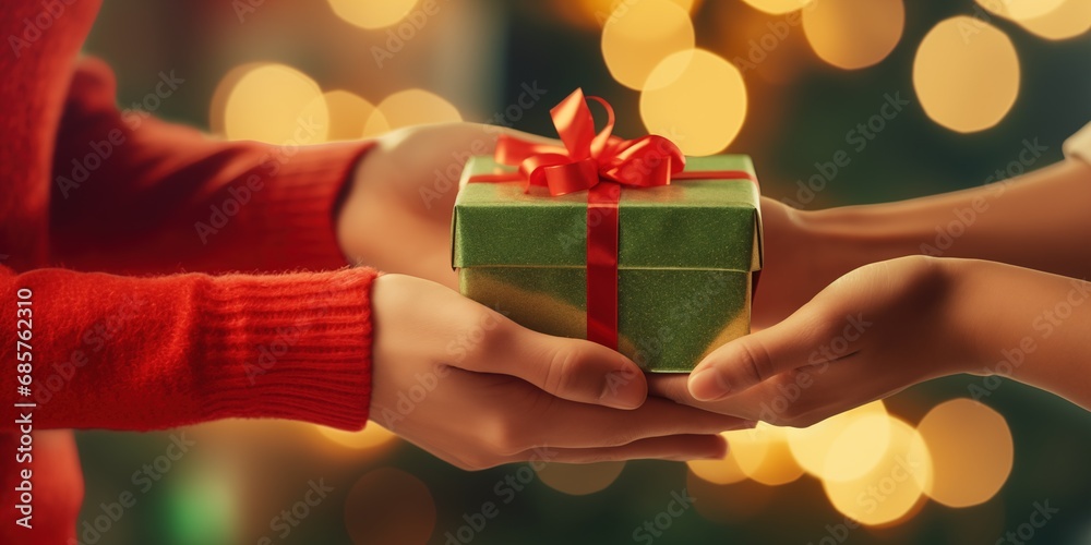 Close up woman giving an attractive young friend a surprise gift gift-wrapped with green paper and a bow to celebrate Christmas or New Year, generative ai