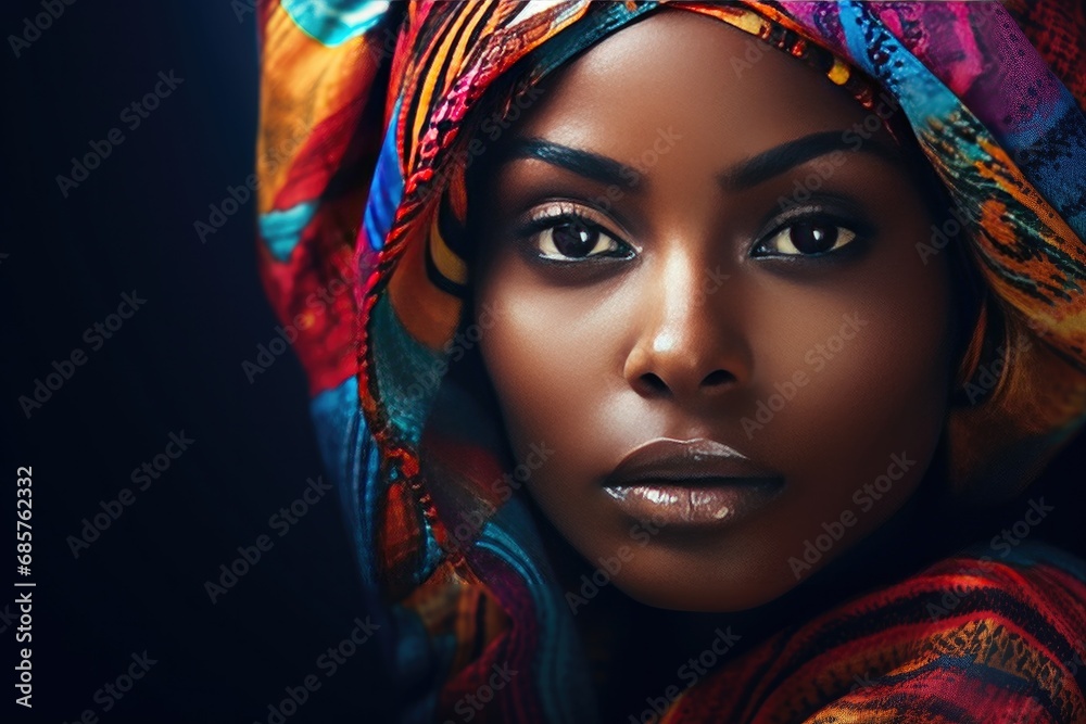 Colorful African headscarves on woman with striking gaze. Cultural identity and fashion.
