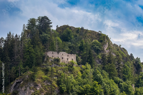 The ruins of the Vr  atec castle standing on a high rock. The castle is surrounded by trees.