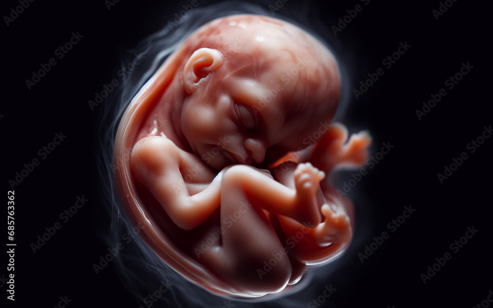 Naklejka premium Fetus in the womb of the mother in the uterine sac 3 months gestation before giving birth