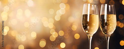 Champagnergläser oder Sektkläser für festliche Anlässe mit goldenem, funkelndem Bokeh-Hintergrund. Gläser mit Sekt vor zarten hellen Gold Bokeh. Hintergrund für Feiern und Einladungskarten mit Platz