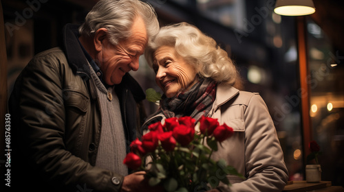 Elderly man giving bouquet of red roses on Valentine's Day to an elderly lady at a restaurant, Dating at old ages, Wedding anniversary, happy retirement and senior lifestyle concept, generative ai