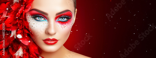 Carnival mystery female portrait adorned with bold, artistic makeup and feather head decoration on dark red background, capturing the essence of masquerade and celebration. Banner size, copy space