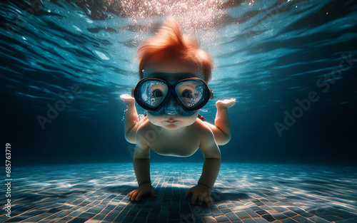 Young child diving in the pool swimming concept of giving birth in water