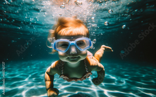 Young child diving in the pool swimming concept of giving birth in water